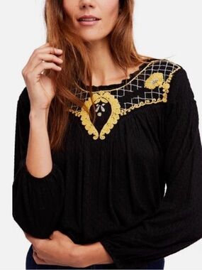 Free People Begonia Embroidered Bubble Hem Blouse XS Black & Yellow